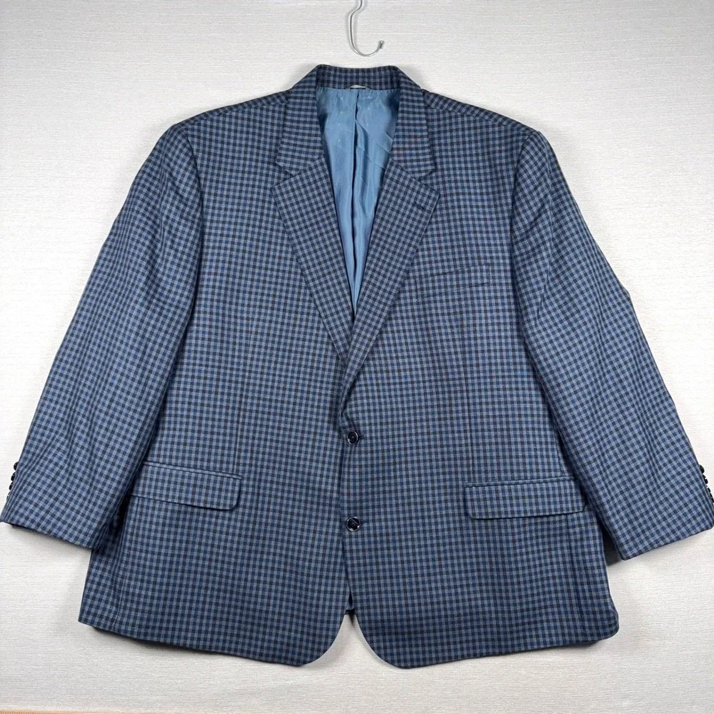 Oak Hill Blazer Mens Size 3XL 54/56 Blue Check Polyester Rayon Double Vented